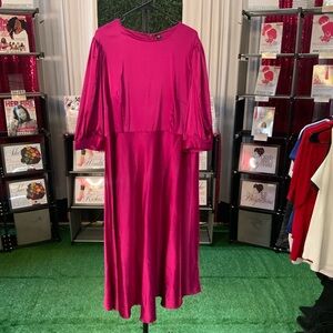Satin Midi Dress in Hot Pink — Relaxed Balloon Sleeve